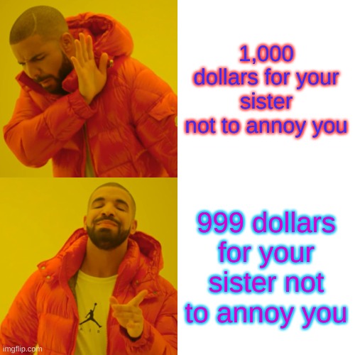 what does this dude think | 1,000 dollars for your sister not to annoy you; 999 dollars for your sister not to annoy you | image tagged in memes,drake hotline bling | made w/ Imgflip meme maker