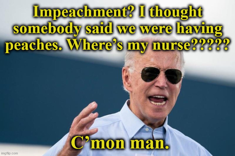 biden | Impeachment? I thought somebody said we were having peaches. Where’s my nurse????? C’mon man. | image tagged in biden | made w/ Imgflip meme maker