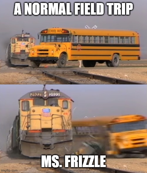 A train hitting a school bus | A NORMAL FIELD TRIP; MS. FRIZZLE | image tagged in a train hitting a school bus | made w/ Imgflip meme maker