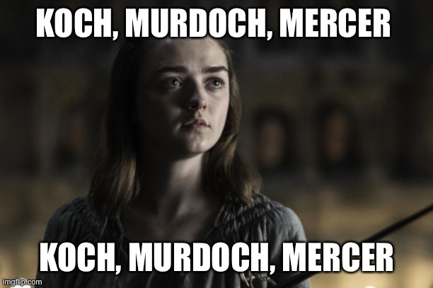 A girl is Arya Stark | KOCH, MURDOCH, MERCER; KOCH, MURDOCH, MERCER | image tagged in a girl is arya stark | made w/ Imgflip meme maker