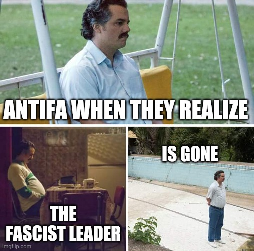 What do they do now? | ANTIFA WHEN THEY REALIZE; IS GONE; THE FASCIST LEADER | image tagged in memes,sad pablo escobar,antifa,election 2020,deep state,political meme | made w/ Imgflip meme maker