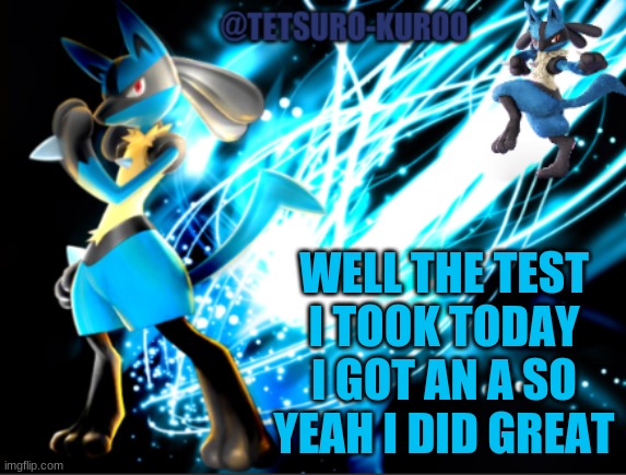 succsess | WELL THE TEST I TOOK TODAY I GOT AN A SO YEAH I DID GREAT | image tagged in lucario announcement | made w/ Imgflip meme maker