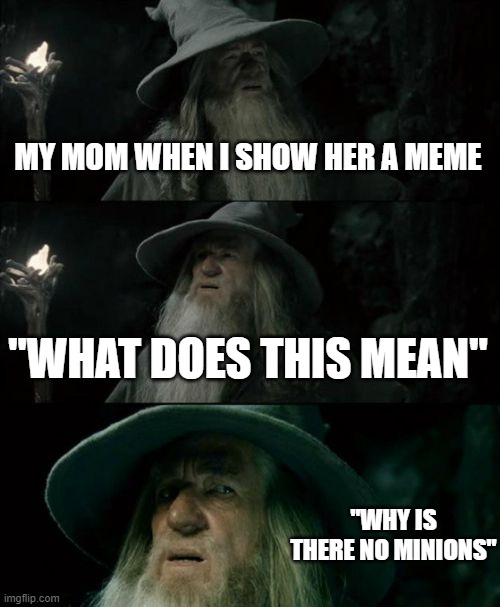 Confused Gandalf | MY MOM WHEN I SHOW HER A MEME; "WHAT DOES THIS MEAN"; "WHY IS THERE NO MINIONS" | image tagged in memes,confused gandalf | made w/ Imgflip meme maker