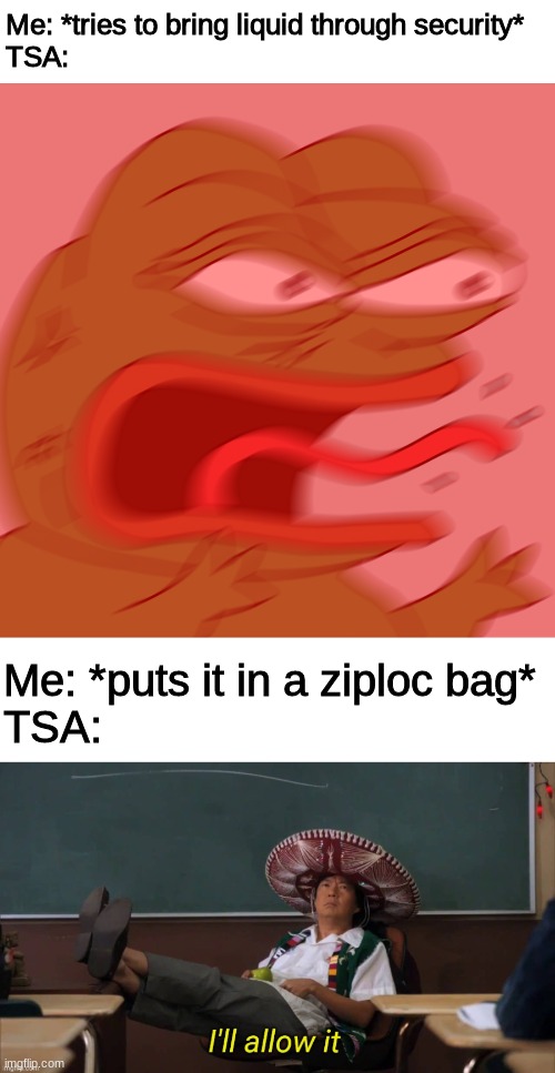 Me: *tries to bring liquid through security*
TSA:; Me: *puts it in a ziploc bag*
TSA: | image tagged in rage pepe,blank white template,i'll allow it | made w/ Imgflip meme maker