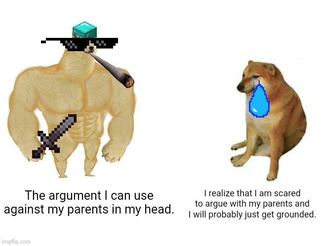 Buff Doge vs. Cheems | The argument I can use against my parents in my head. I realize that I am scared to argue with my parents and I will probably just get grounded. | image tagged in memes,buff doge vs cheems | made w/ Imgflip meme maker