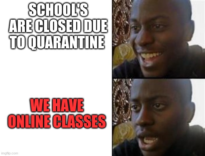 School is evil | SCHOOL'S ARE CLOSED DUE TO QUARANTINE; WE HAVE ONLINE CLASSES | image tagged in happy to sad | made w/ Imgflip meme maker