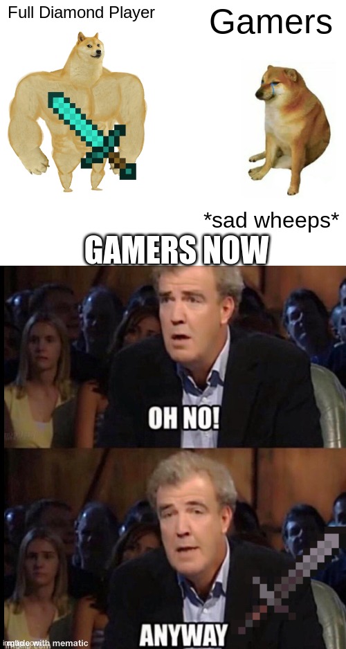 Netherite | Full Diamond Player; Gamers; GAMERS NOW; *sad wheeps* | image tagged in memes,buff doge vs cheems,oh no anyway,minecraft,netherlands | made w/ Imgflip meme maker