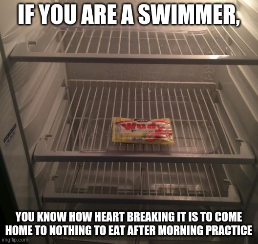 hungry | IF YOU ARE A SWIMMER, YOU KNOW HOW HEART BREAKING IT IS TO COME HOME TO NOTHING TO EAT AFTER MORNING PRACTICE | image tagged in empty fridge | made w/ Imgflip meme maker