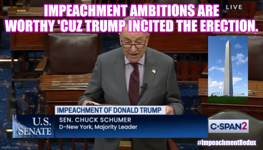Move over Insurrection. Chucky Simply Can't Resist Impeachment after Trump Incited the Erection. #ImpeachmentRedux | IMPEACHMENT AMBITIONS ARE WORTHY 'CUZ TRUMP INCITED THE ERECTION. #ImpeachmentRedux | image tagged in impeachment erection,chuck schumer,erection,roflmao,impeach trump,the great awakening | made w/ Imgflip meme maker