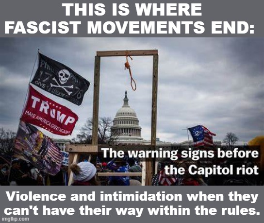 Those of us who have been saying all along Trumpism was a fascist movement? Eyy! We were right! | THIS IS WHERE FASCIST MOVEMENTS END:; Violence and intimidation when they can't have their way within the rules. | image tagged in capitol hill riot gallows,fascism,fascists,capitol hill,riots,maga | made w/ Imgflip meme maker