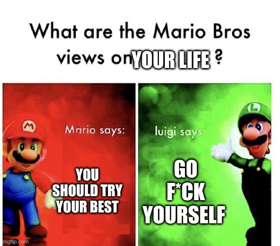 mariobrudders chnged | YOUR LIFE; YOU SHOULD TRY YOUR BEST; GO F*CK YOURSELF | image tagged in mario bros views,funny | made w/ Imgflip meme maker