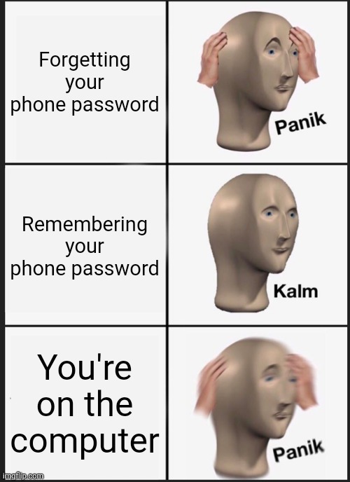Panik Kalm Panik Meme | Forgetting your phone password Remembering your phone password You're on the computer | image tagged in memes,panik kalm panik | made w/ Imgflip meme maker