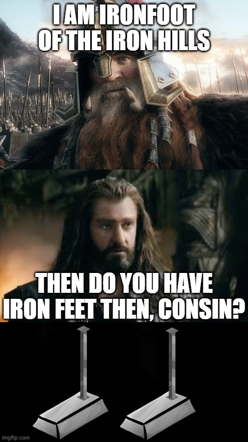 Ironfoot | I AM IRONFOOT OF THE IRON HILLS; THEN DO YOU HAVE IRON FEET THEN, CONSIN? | image tagged in the hobbit | made w/ Imgflip meme maker