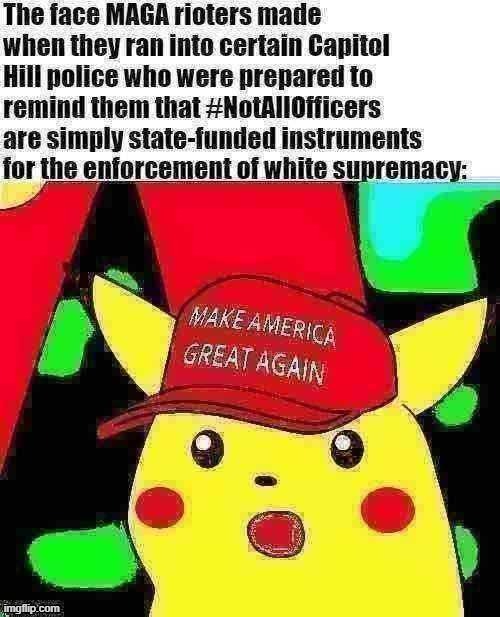 tl;dr #NotAllOfficers! | image tagged in maga,surprised pikachu,capitol hill,riots,riot,police | made w/ Imgflip meme maker