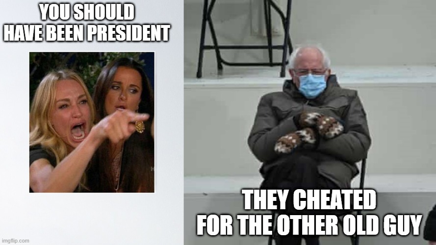 Bernie Sanders | YOU SHOULD HAVE BEEN PRESIDENT; THEY CHEATED FOR THE OTHER OLD GUY | image tagged in bernie sanders | made w/ Imgflip meme maker