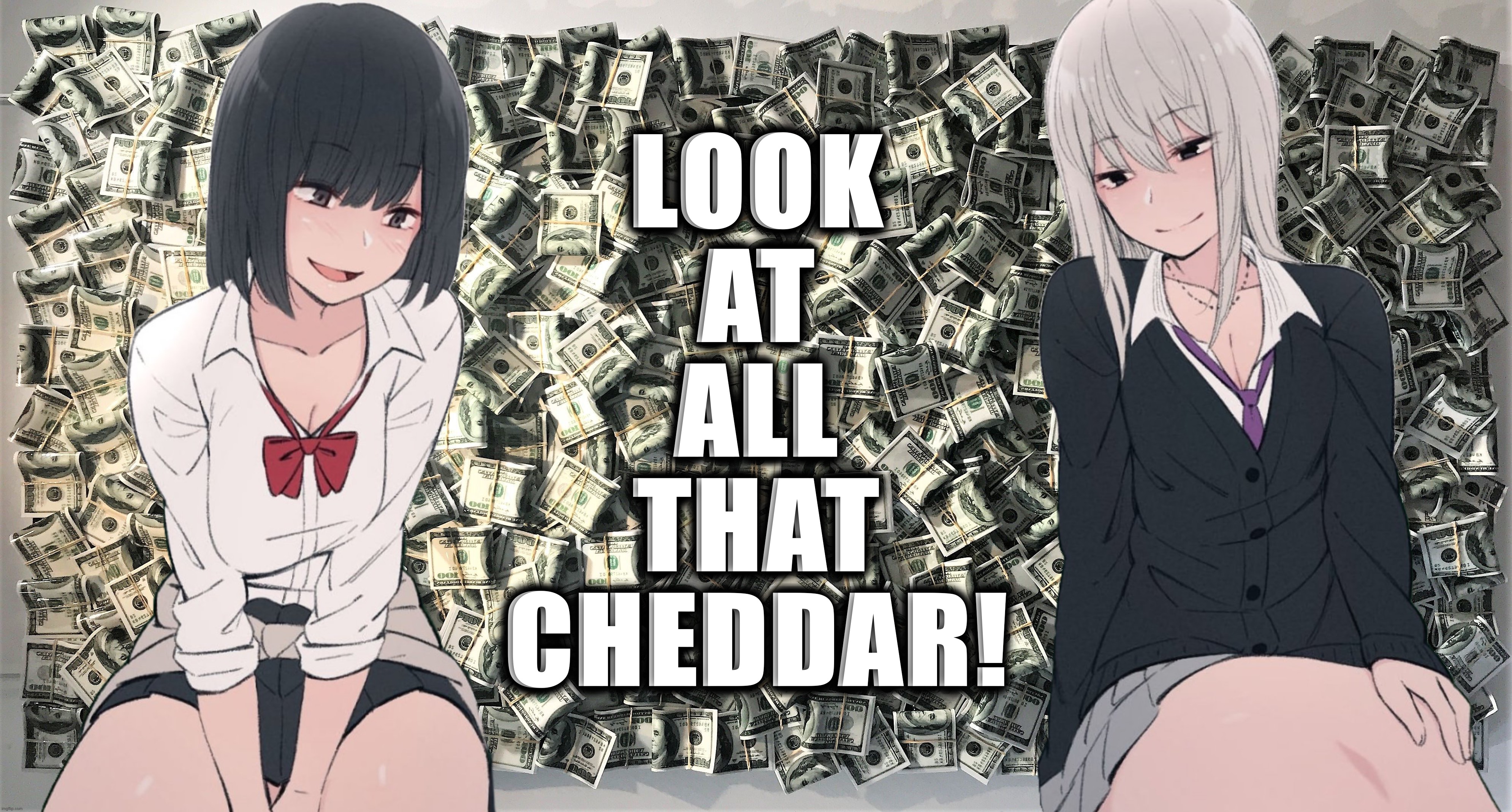 LOOK
AT
ALL
THAT
CHEDDAR! | image tagged in look at all that cheddar,rich kids,make money,true love,in terms of money,show me the money | made w/ Imgflip meme maker