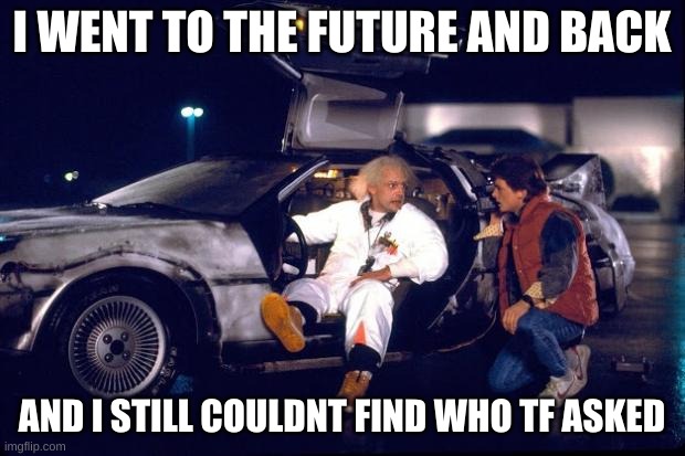 lel | I WENT TO THE FUTURE AND BACK; AND I STILL COULDNT FIND WHO TF ASKED | image tagged in memes,funny,who asked,back to the future,lol | made w/ Imgflip meme maker