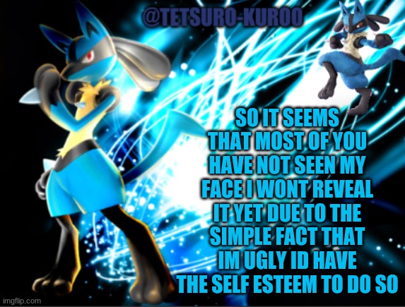 Once I´m More Popular. | SO IT SEEMS THAT MOST OF YOU HAVE NOT SEEN MY FACE I WONT REVEAL IT YET DUE TO THE SIMPLE FACT THAT IM UGLY ID HAVE THE SELF ESTEEM TO DO SO | image tagged in lucario announcement | made w/ Imgflip meme maker