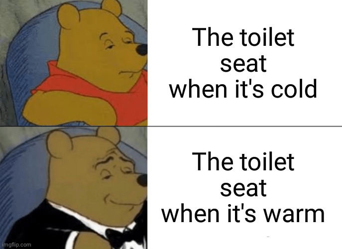 Tuxedo Winnie The Pooh | The toilet seat when it's cold; The toilet seat when it's warm | image tagged in memes,tuxedo winnie the pooh | made w/ Imgflip meme maker