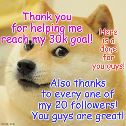 Doge | Thank you for helping me reach my 30k goal! Here is a doge for you guys! Also thanks to every one of my 20 followers! You guys are great! | image tagged in memes,doge | made w/ Imgflip meme maker