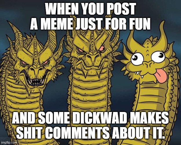 Three dragons | WHEN YOU POST A MEME JUST FOR FUN; AND SOME DICKWAD MAKES SHIT COMMENTS ABOUT IT. | image tagged in three dragons | made w/ Imgflip meme maker