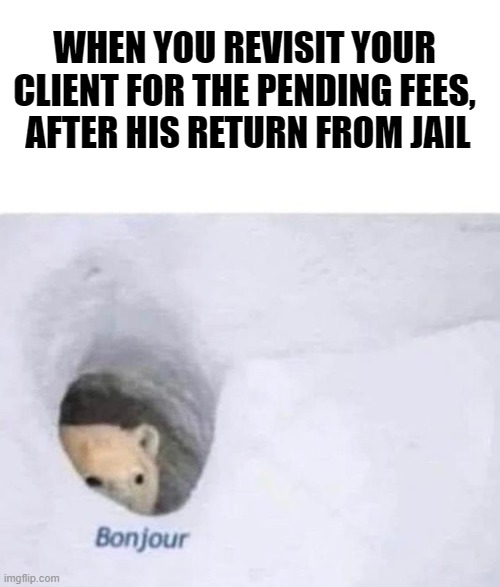 Bonjour | WHEN YOU REVISIT YOUR CLIENT FOR THE PENDING FEES,
 AFTER HIS RETURN FROM JAIL | image tagged in funny memes,funny,funny meme,lawyers meme,lawyers memes,law memes | made w/ Imgflip meme maker