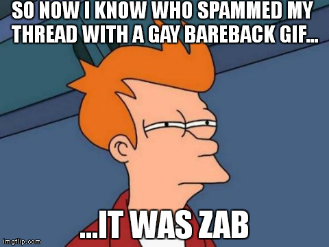 Futurama Fry Meme | SO NOW I KNOW WHO SPAMMED MY THREAD WITH A GAY BAREBACK GIF... ...IT WAS ZAB | image tagged in memes,futurama fry | made w/ Imgflip meme maker