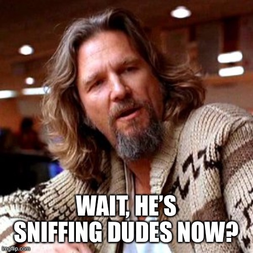 Confused Lebowski Meme | WAIT, HE’S SNIFFING DUDES NOW? | image tagged in memes,confused lebowski | made w/ Imgflip meme maker