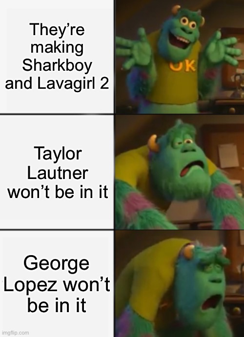 Dang so much wasted potential! | They’re making Sharkboy and Lavagirl 2; Taylor Lautner won’t be in it; George Lopez won’t be in it | image tagged in sully happy then sad,funny,memes | made w/ Imgflip meme maker