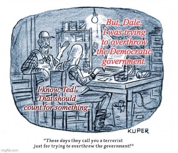 It's a real head-scratcher. (From Peter Kuper's cartoon.) | But, Dale, I was trying to overthrow the Democratic government. I know, Ted! That should count for something. | image tagged in insurrection | made w/ Imgflip meme maker