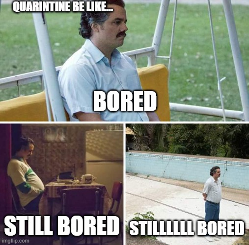 Sad Pablo Escobar Meme | QUARINTINE BE LIKE... BORED; STILL BORED; STILLLLLL BORED | image tagged in memes,sad pablo escobar | made w/ Imgflip meme maker