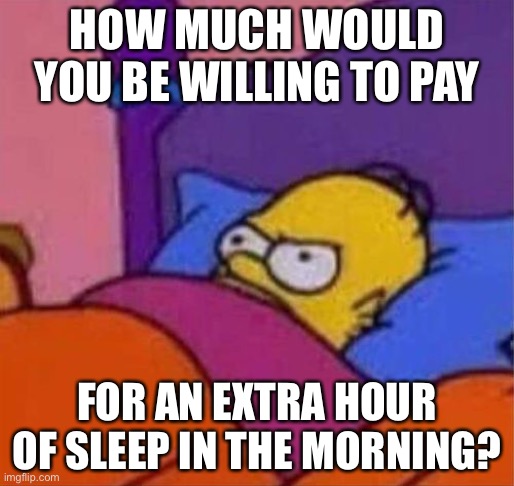 Interesting question | HOW MUCH WOULD YOU BE WILLING TO PAY; FOR AN EXTRA HOUR OF SLEEP IN THE MORNING? | image tagged in angry homer simpson in bed | made w/ Imgflip meme maker
