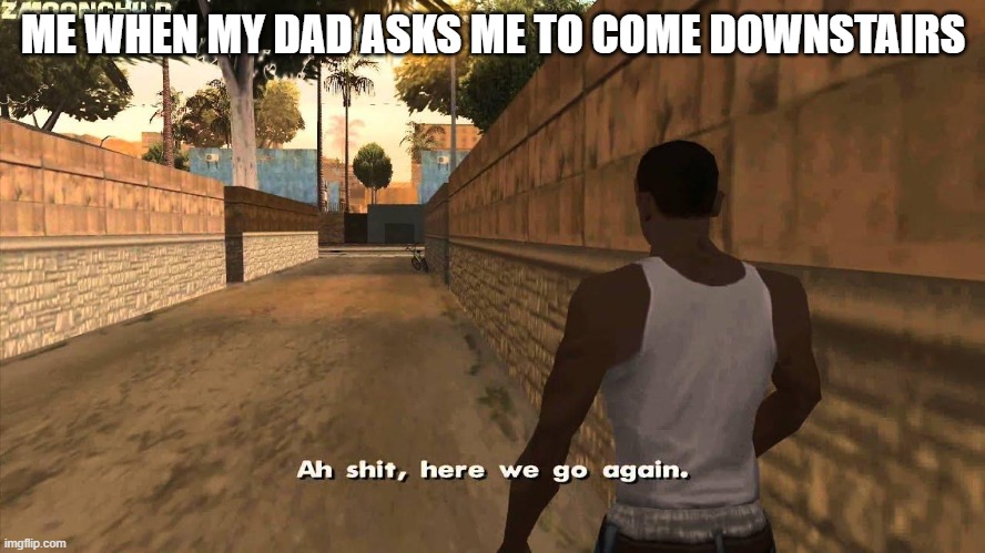 Oh boy. | ME WHEN MY DAD ASKS ME TO COME DOWNSTAIRS | image tagged in here we go again | made w/ Imgflip meme maker