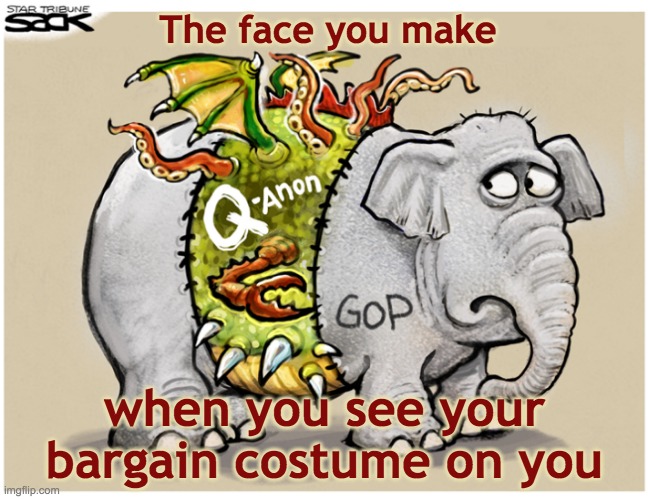 Bad Costume Party (from cartoon by Steve Sack) | The face you make; when you see your bargain costume on you | image tagged in qanon,insurrection,republicans,politics | made w/ Imgflip meme maker