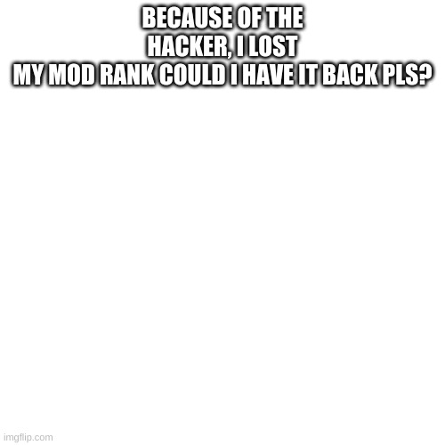 pls | BECAUSE OF THE HACKER, I LOST MY MOD RANK COULD I HAVE IT BACK PLS? | image tagged in memes,blank transparent square | made w/ Imgflip meme maker