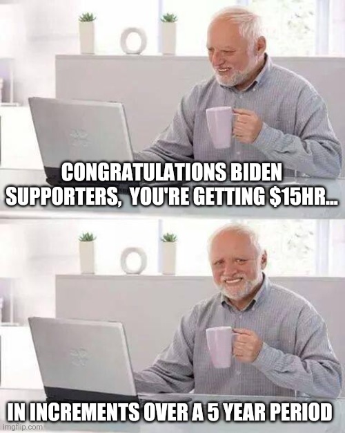 Politics and stuff | CONGRATULATIONS BIDEN SUPPORTERS,  YOU'RE GETTING $15HR... IN INCREMENTS OVER A 5 YEAR PERIOD | image tagged in memes,hide the pain harold | made w/ Imgflip meme maker