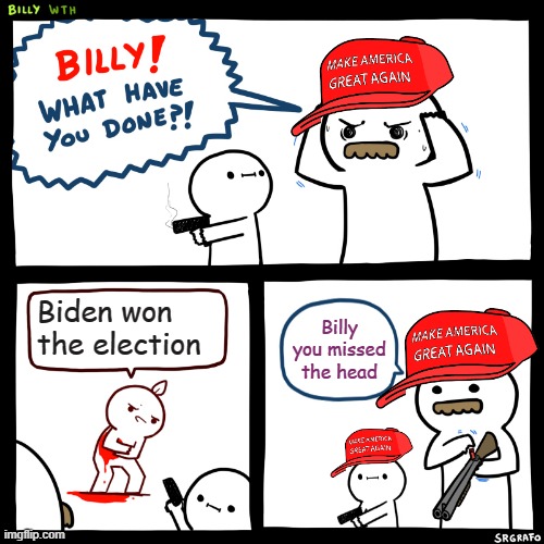 Billy, What Have You Done | Biden won the election; Billy you missed the head | image tagged in billy what have you done | made w/ Imgflip meme maker