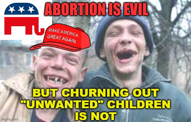 Abortion Is Evil; But churning out "unwanted" children is not | ABORTION IS EVIL; BUT CHURNING OUT
"UNWANTED" CHILDREN
IS NOT | image tagged in poor white trash | made w/ Imgflip meme maker