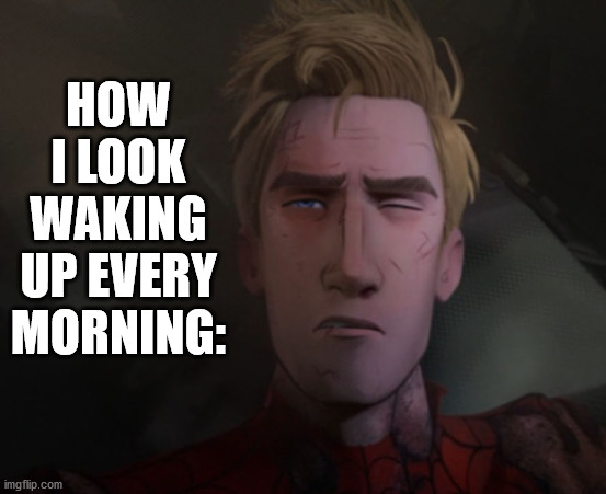 Ugh I can't even- | HOW I LOOK WAKING UP EVERY MORNING: | image tagged in spider-verse meme | made w/ Imgflip meme maker