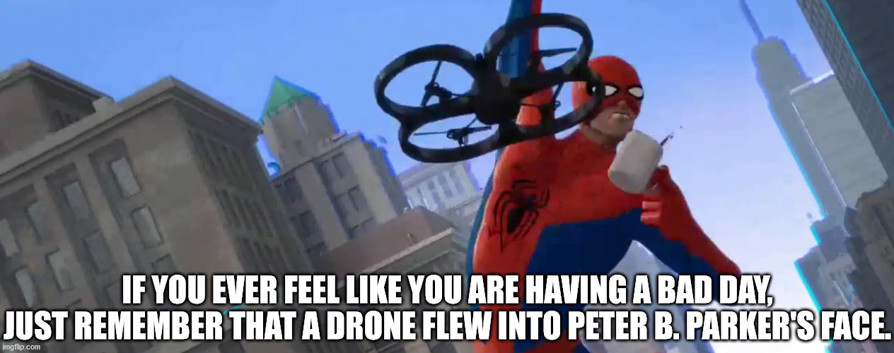 I broke my back, a drone flew into my face, I buried Aunt May- my wife and I split up. | IF YOU EVER FEEL LIKE YOU ARE HAVING A BAD DAY, JUST REMEMBER THAT A DRONE FLEW INTO PETER B. PARKER'S FACE. | image tagged in spider-verse meme | made w/ Imgflip meme maker