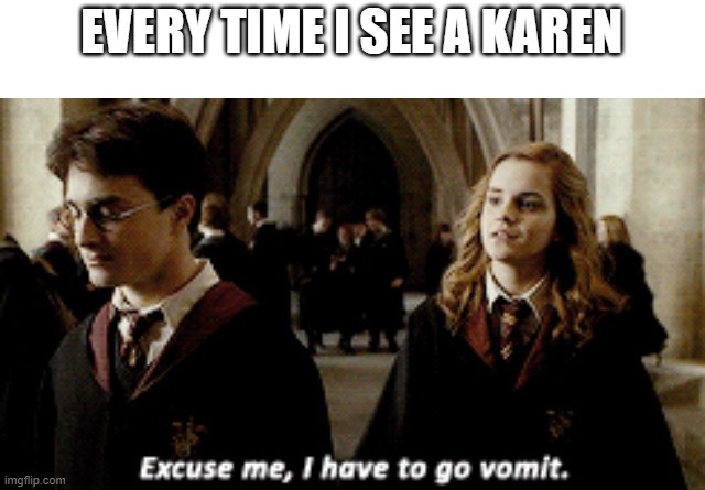 RUNS TO THE BATHROOM! | EVERY TIME I SEE A KAREN | image tagged in hermione granger,vomit,karen | made w/ Imgflip meme maker