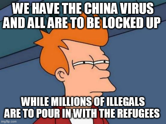 Futurama Fry Meme | WE HAVE THE CHINA VIRUS AND ALL ARE TO BE LOCKED UP; WHILE MILLIONS OF ILLEGALS ARE TO POUR IN WITH THE REFUGEES | image tagged in memes,futurama fry | made w/ Imgflip meme maker