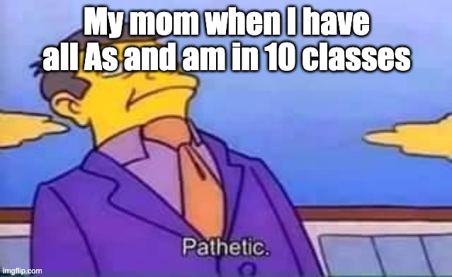 skinner pathetic | My mom when I have all As and am in 10 classes | image tagged in skinner pathetic | made w/ Imgflip meme maker