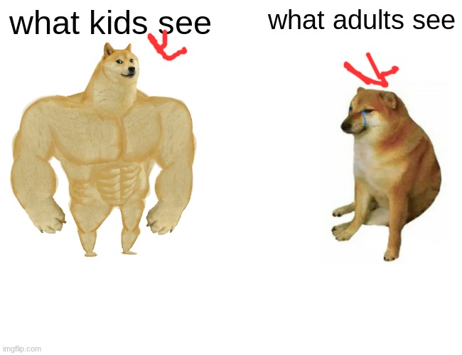 what | what kids see; what adults see | image tagged in memes,buff doge vs cheems | made w/ Imgflip meme maker