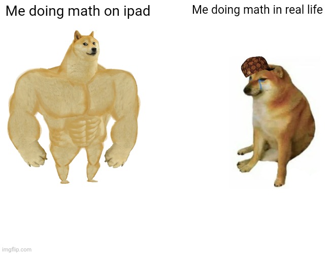 Buff Doge vs. Cheems Meme | Me doing math on ipad; Me doing math in real life | image tagged in memes,buff doge vs cheems | made w/ Imgflip meme maker