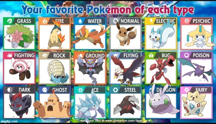 jesus christ this took me a long time | image tagged in favorite pokemon of each type | made w/ Imgflip meme maker