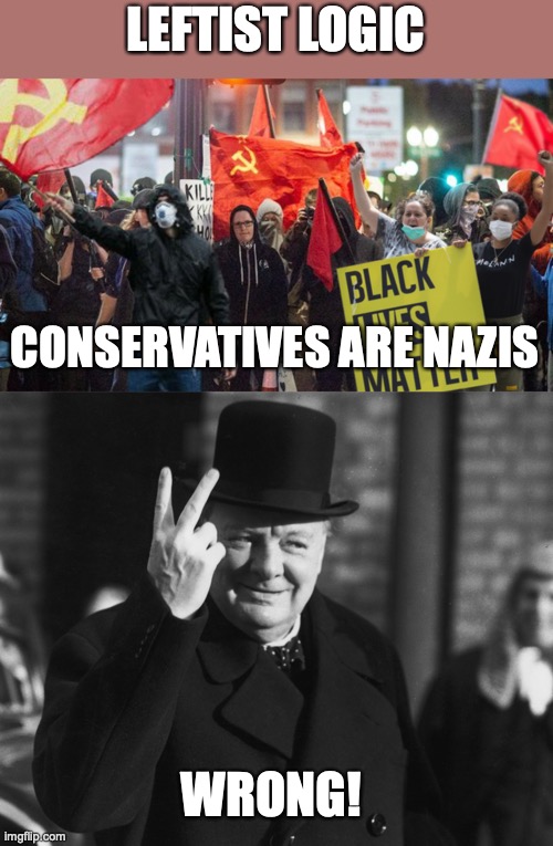 Conservatives are Nazis! | LEFTIST LOGIC; CONSERVATIVES ARE NAZIS; WRONG! | image tagged in antifa,blm,conservatives,nazis,winston churchill | made w/ Imgflip meme maker