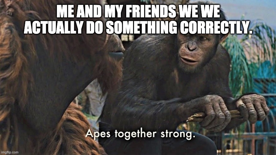 Ape together strong | ME AND MY FRIENDS WE WE ACTUALLY DO SOMETHING CORRECTLY. | image tagged in ape together strong | made w/ Imgflip meme maker