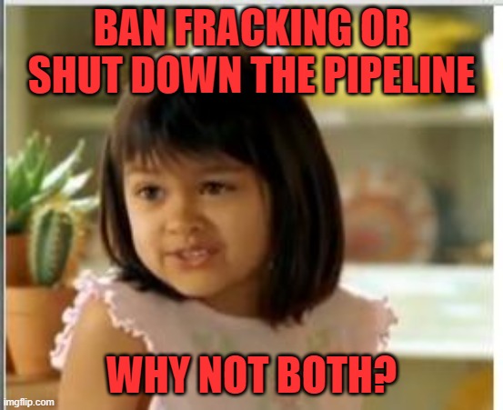 Why not both | BAN FRACKING OR SHUT DOWN THE PIPELINE WHY NOT BOTH? | image tagged in why not both | made w/ Imgflip meme maker