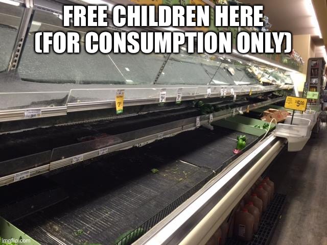 Empty Grocery Store | FREE CHILDREN HERE (FOR CONSUMPTION ONLY) | image tagged in empty grocery store | made w/ Imgflip meme maker